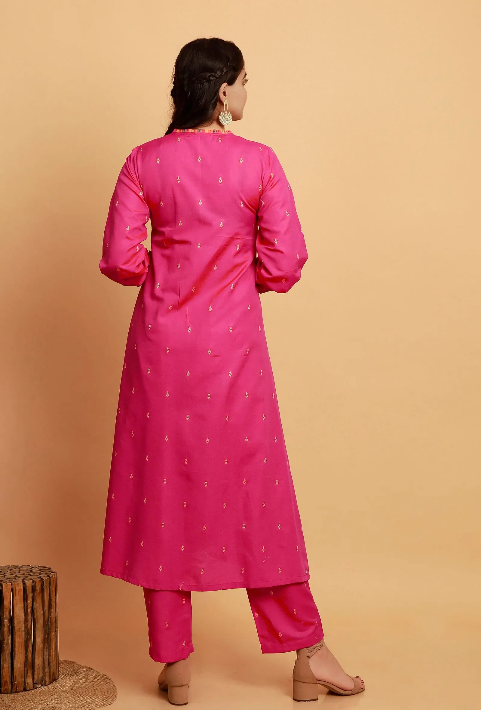 Set of 2:  Pink  A-line Woven Kurta with Pink Woven Straight Pants