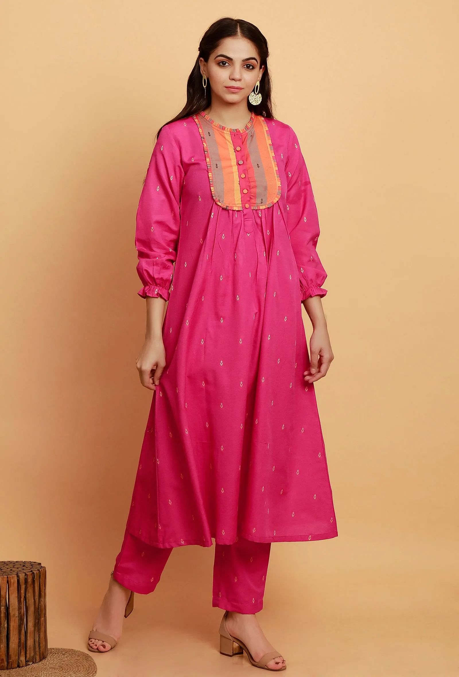 Set of 2:  Pink  A-line Woven Kurta with Pink Woven Straight Pants