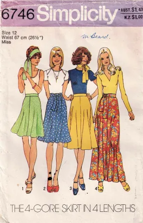 Simplicity 6746 Womens Gored Bias Cut Skirt in 4 Lengths & Tie 1970s Vintage Sewing Pattern Size 12 Waist 26.5 inches