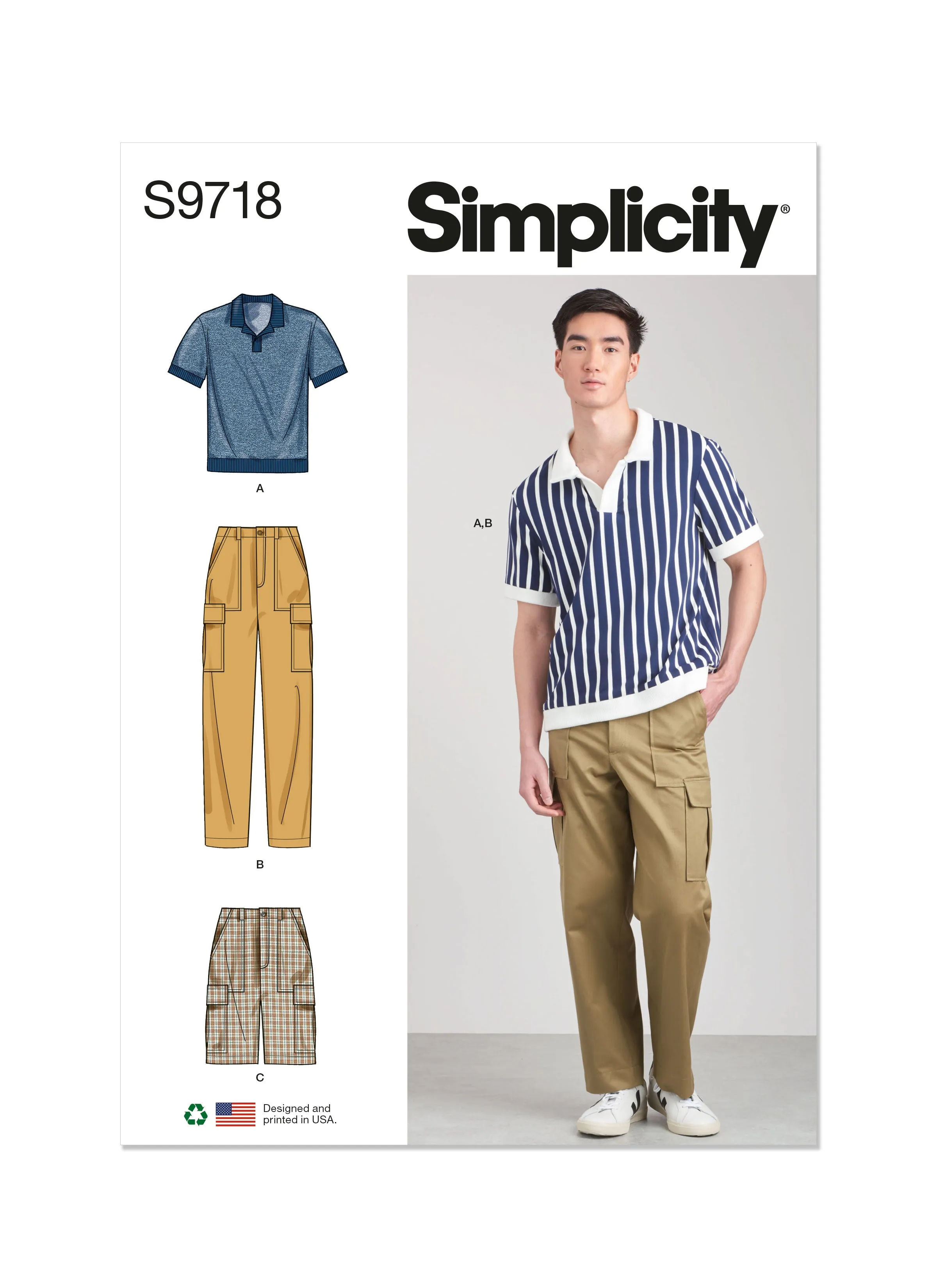 Simplicity 9718 Men's Knit Top, Cargo Pants and Shorts Sewing pattern