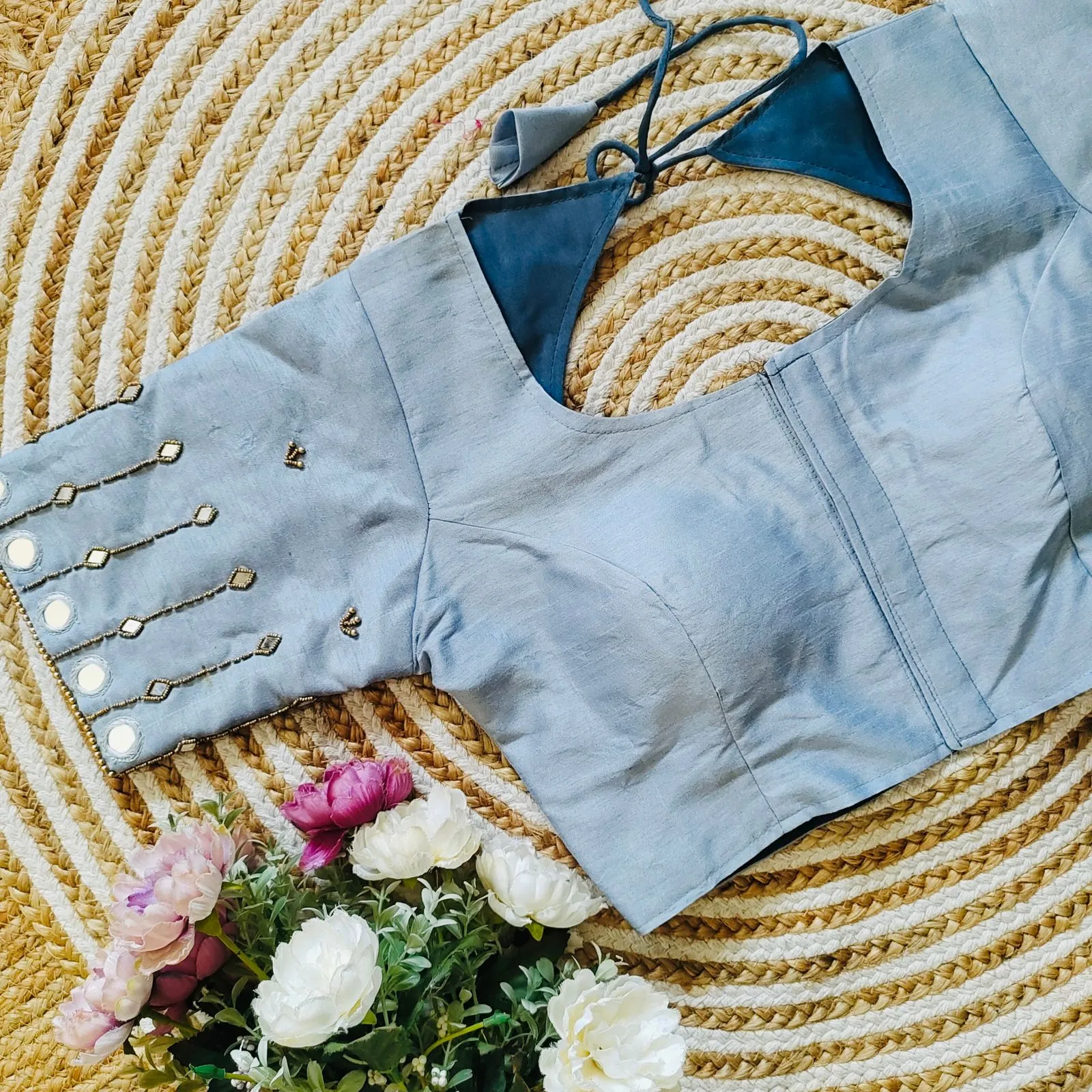 Sky Blue Russian Silk Blouse with Mirror and Pearl Embellishments