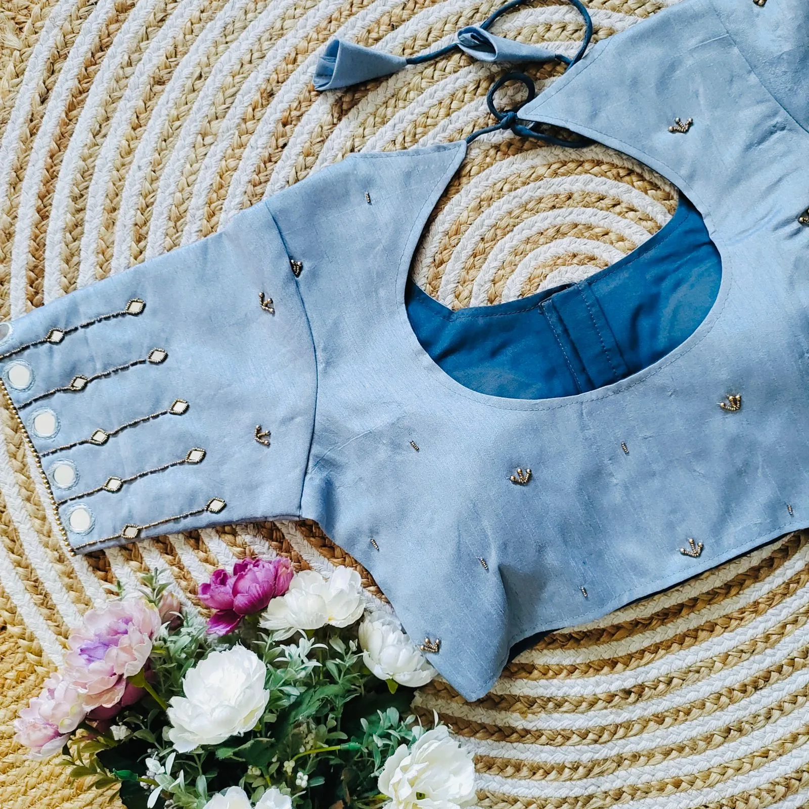 Sky Blue Russian Silk Blouse with Mirror and Pearl Embellishments