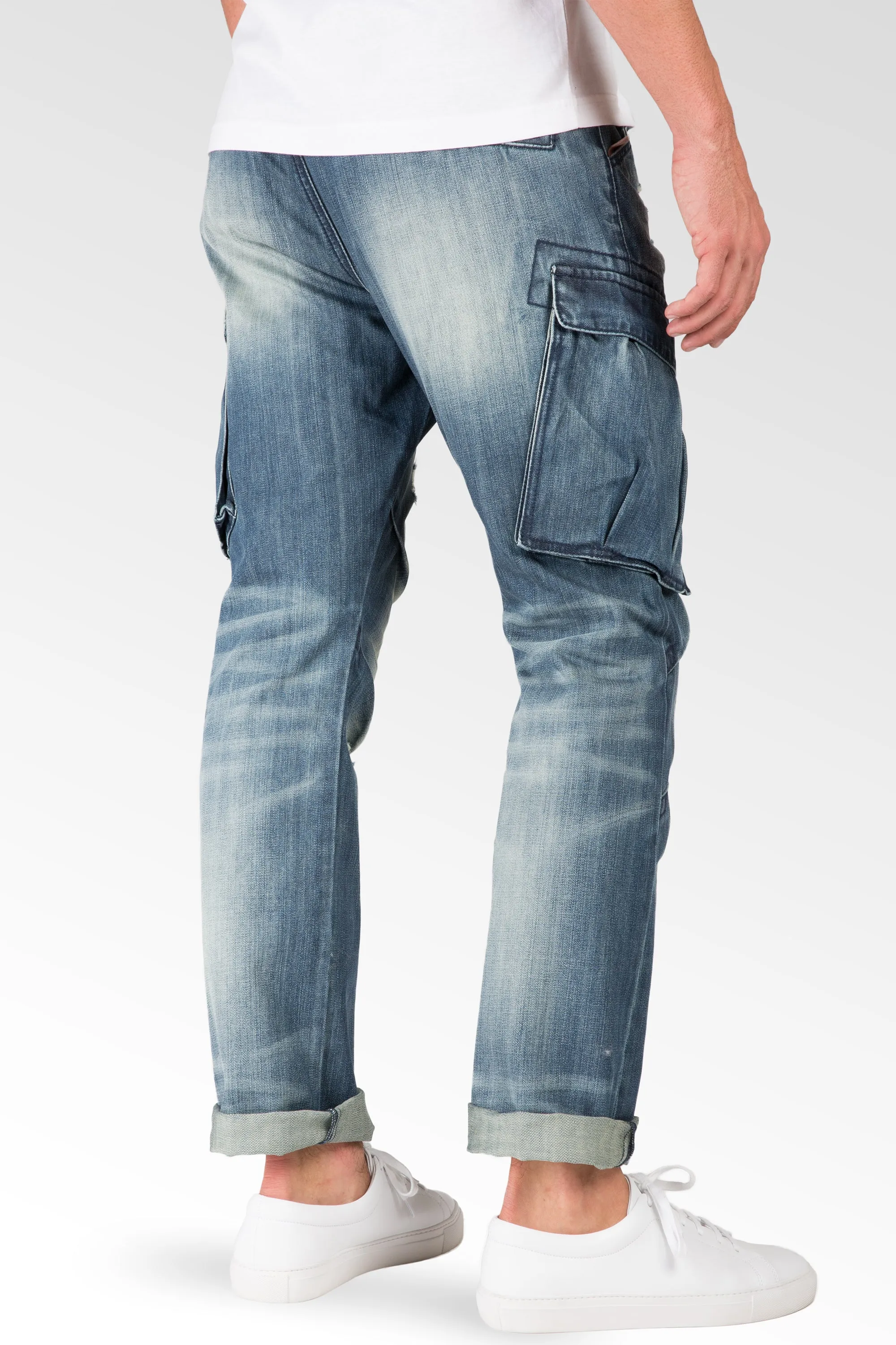 Slim Straight Premium Denim Distressed Cargo Pocket Jeans Intense Blast