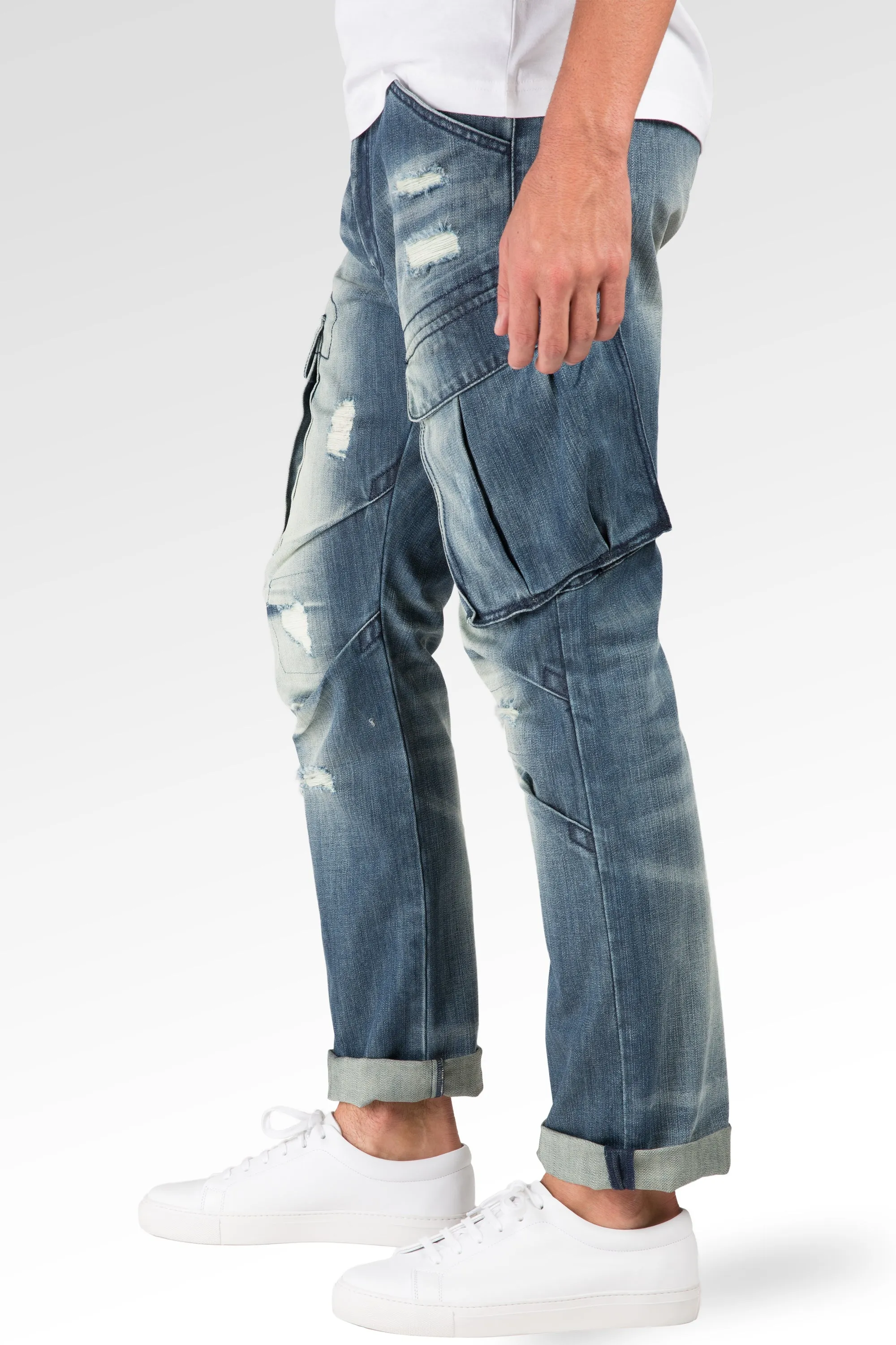 Slim Straight Premium Denim Distressed Cargo Pocket Jeans Intense Blast