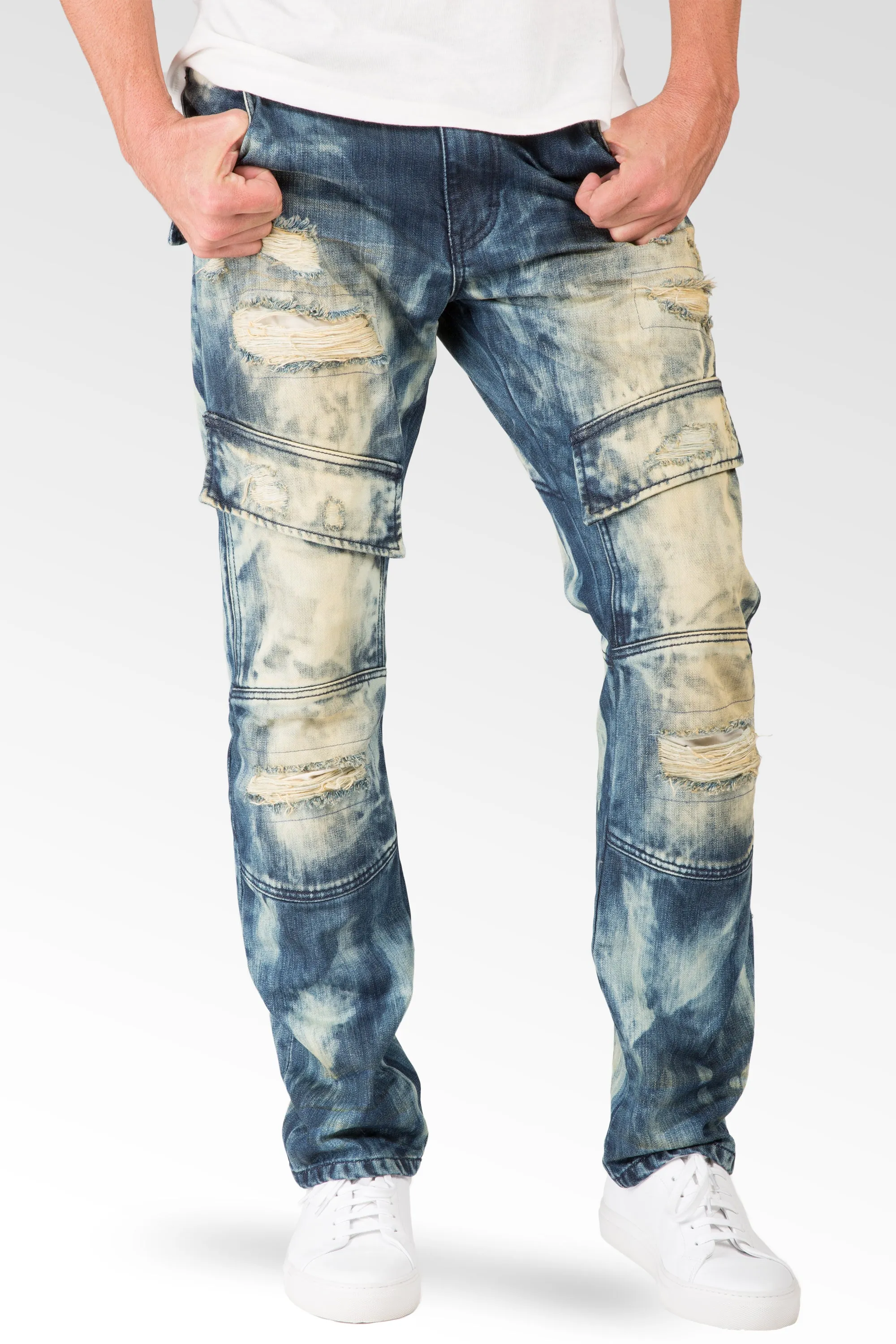 Slim Straight Premium Denim Tainted Front Cargo Pocket Jeans Ripped Mended