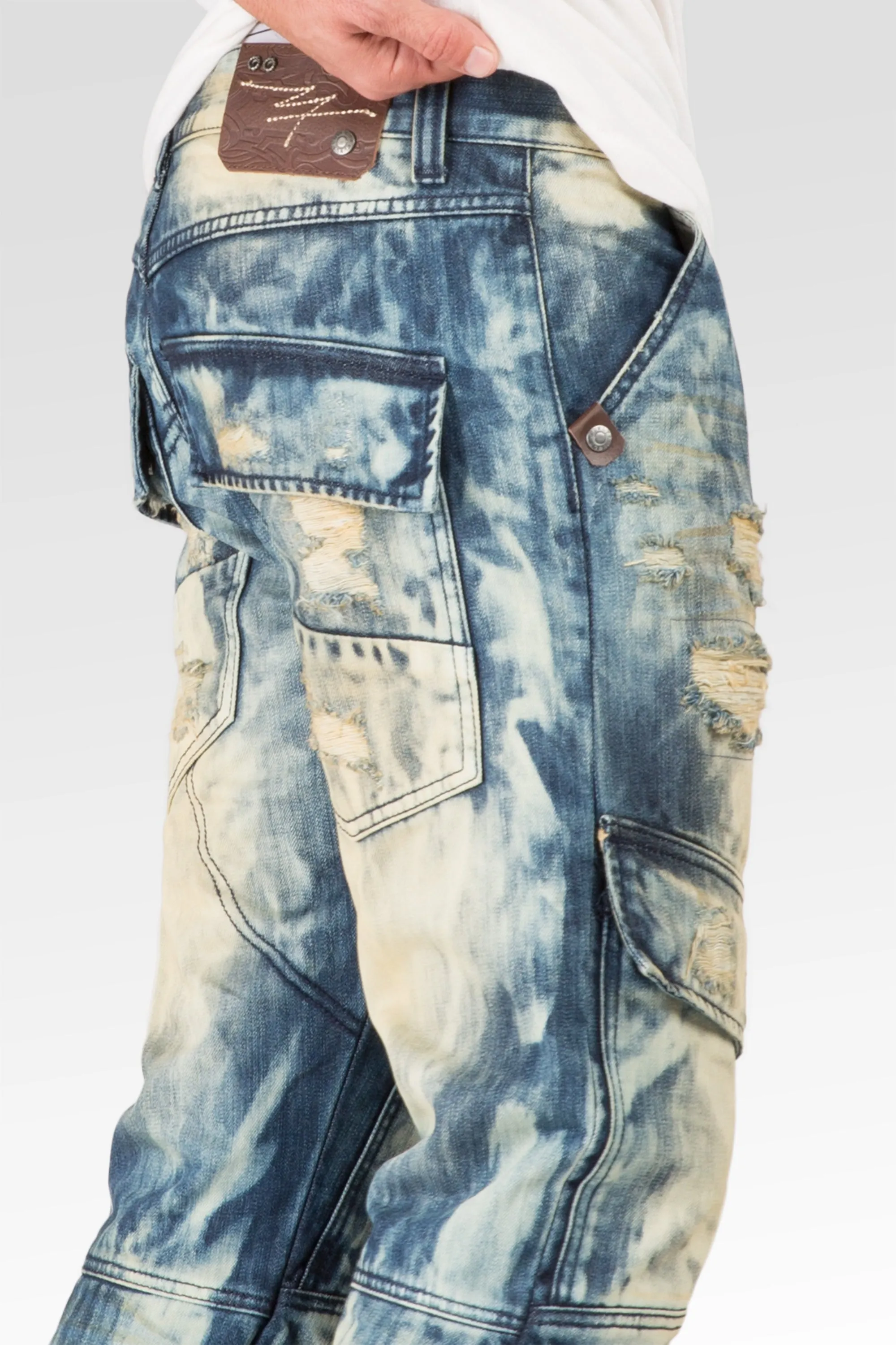 Slim Straight Premium Denim Tainted Front Cargo Pocket Jeans Ripped Mended