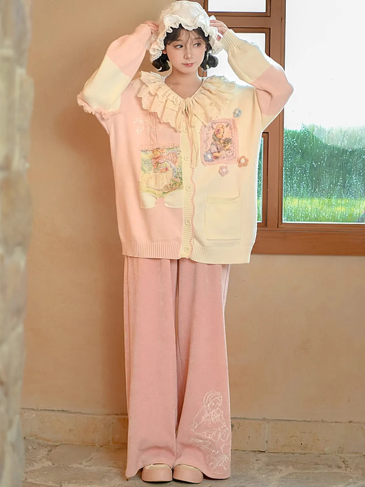 Soft and Cute Family of Bears Pink Wide Leg Pants