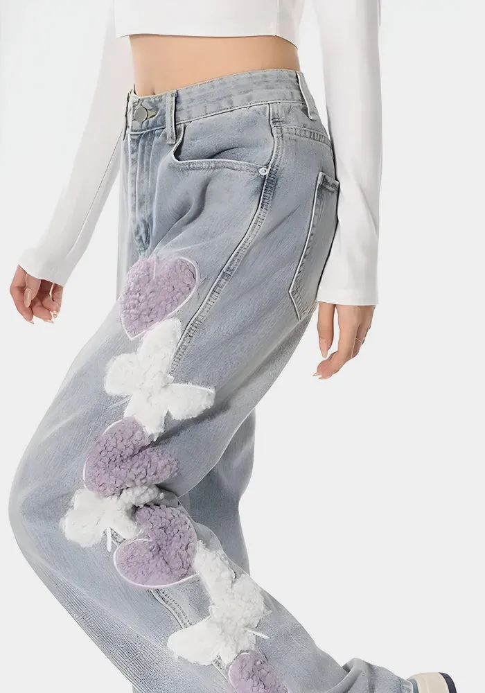 Soft Girl Fluffy Heart Butterfly Jeans