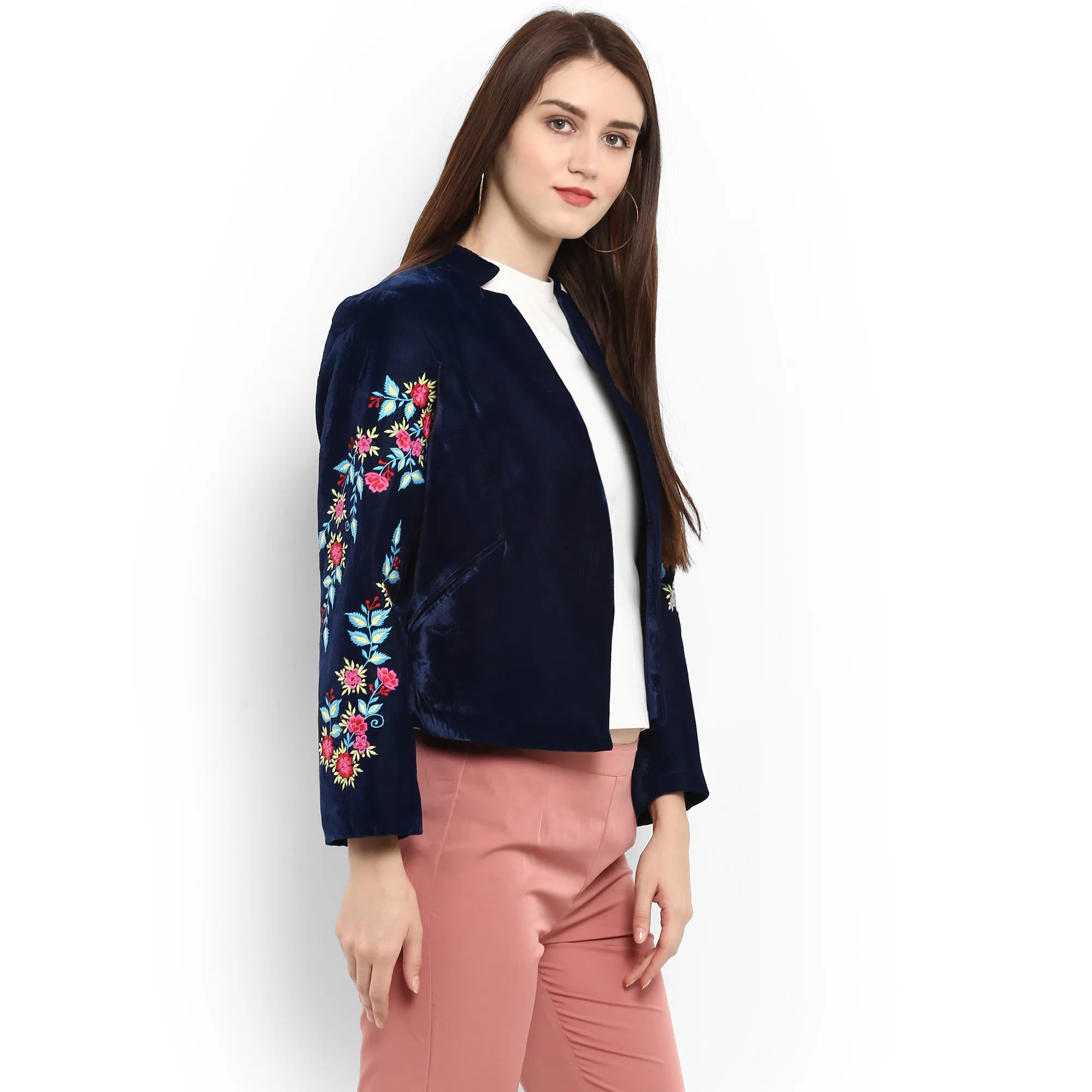 Solid Embroidered Front Open Blazer