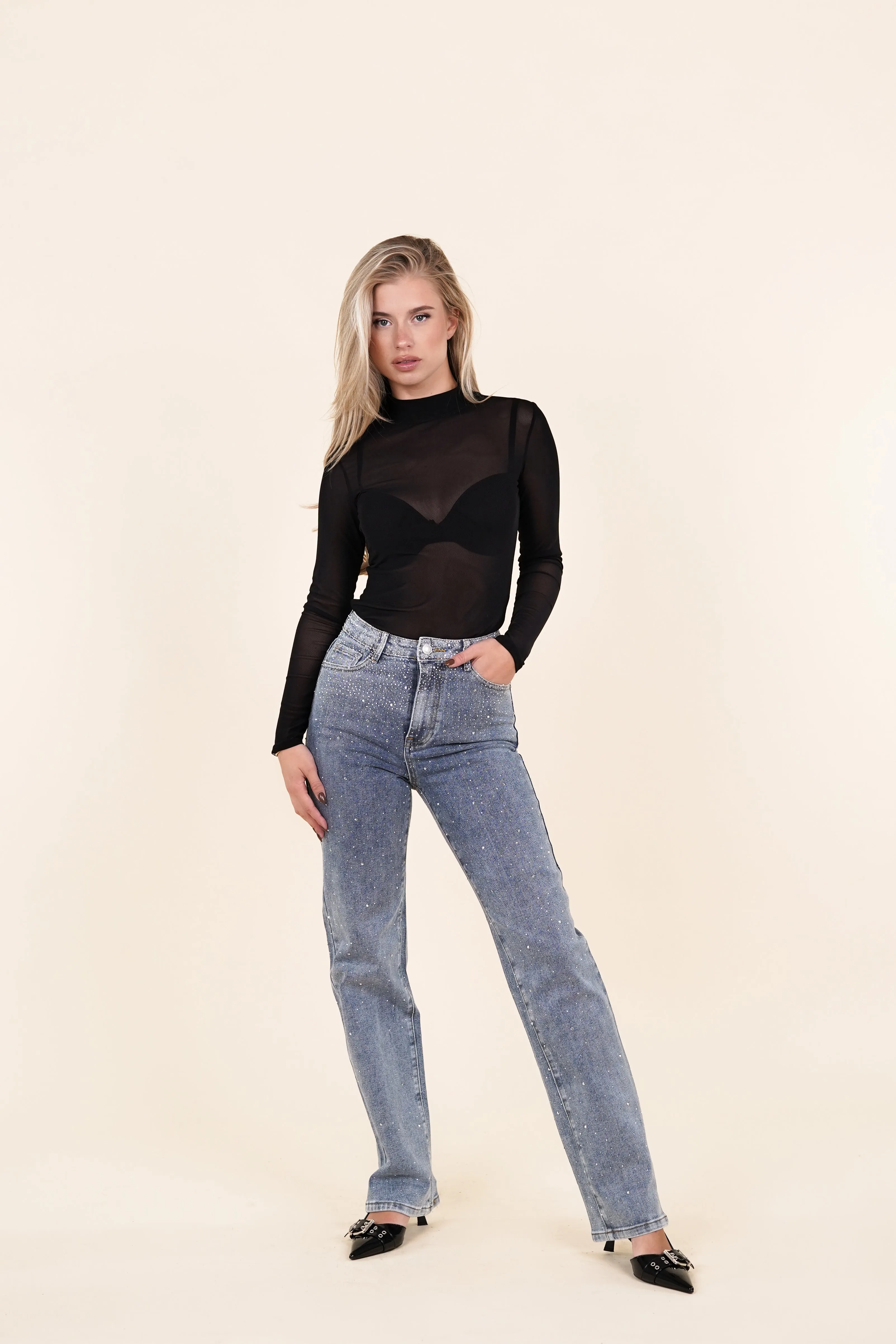 Straight leg jeans met strass blauw - Alyssa