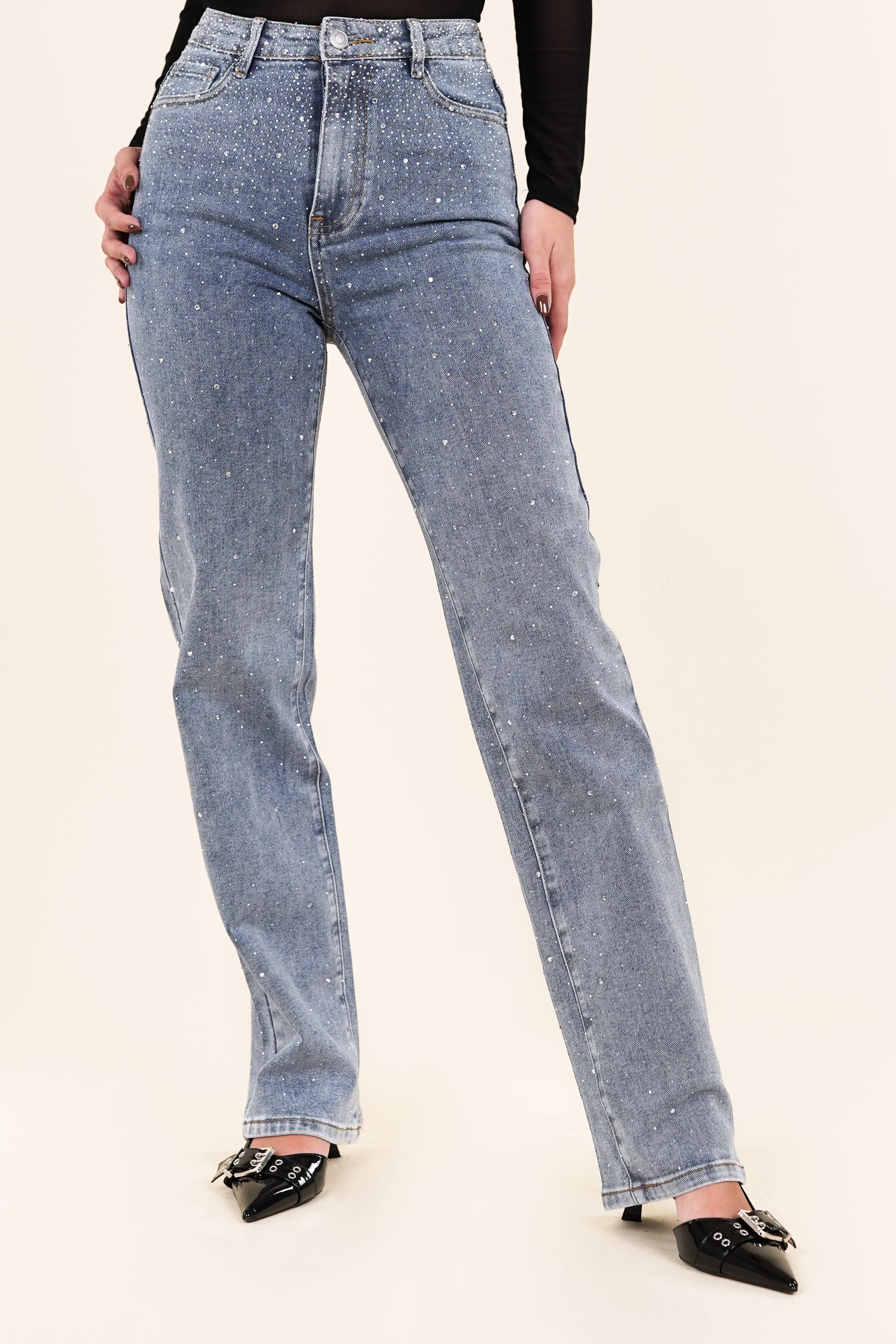 Straight leg jeans met strass blauw - Alyssa