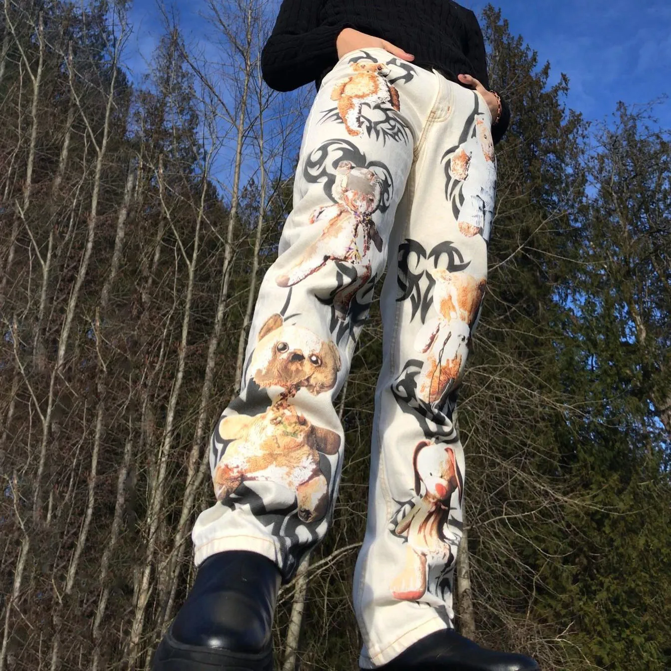 Street vintage bear print jeans