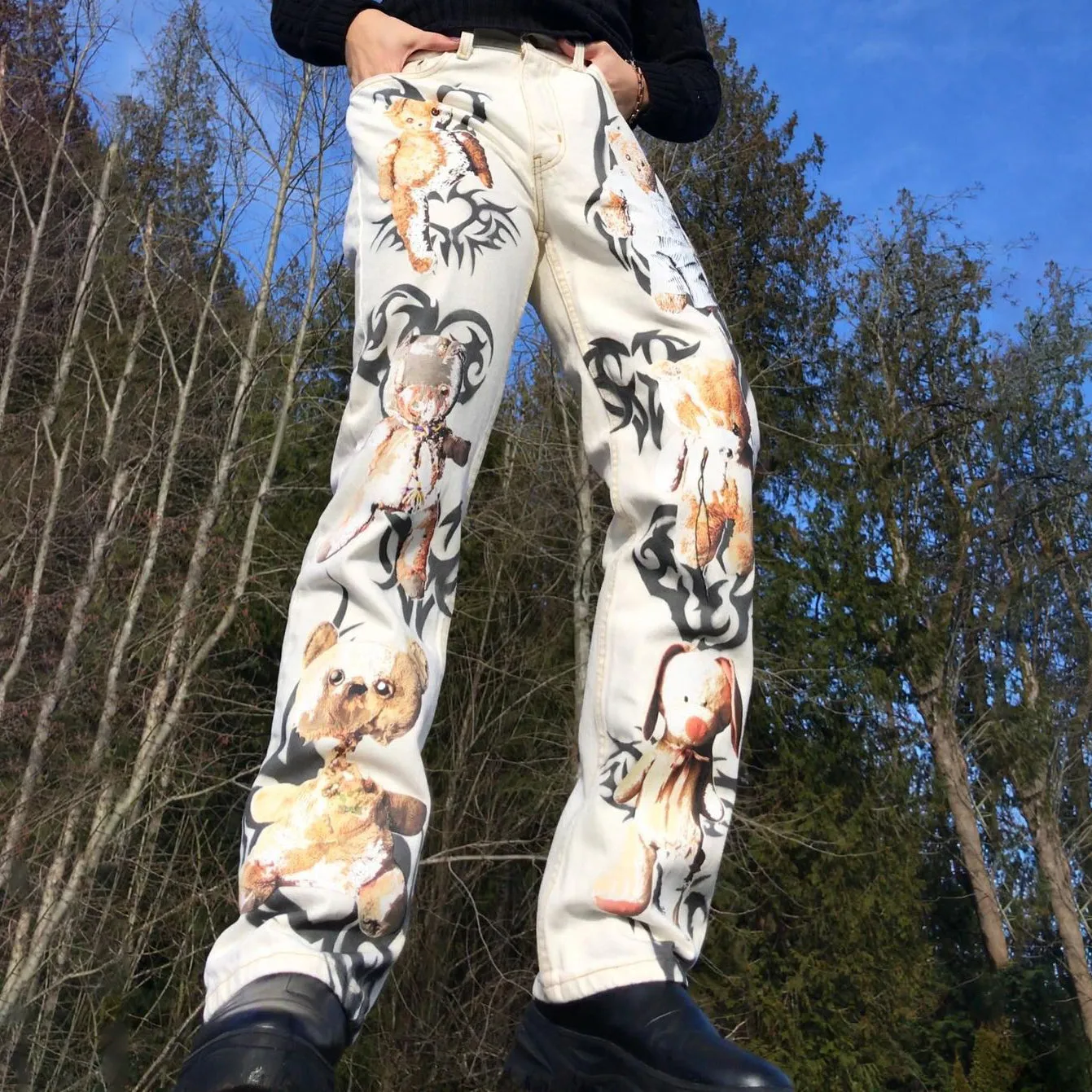 Street vintage bear print jeans