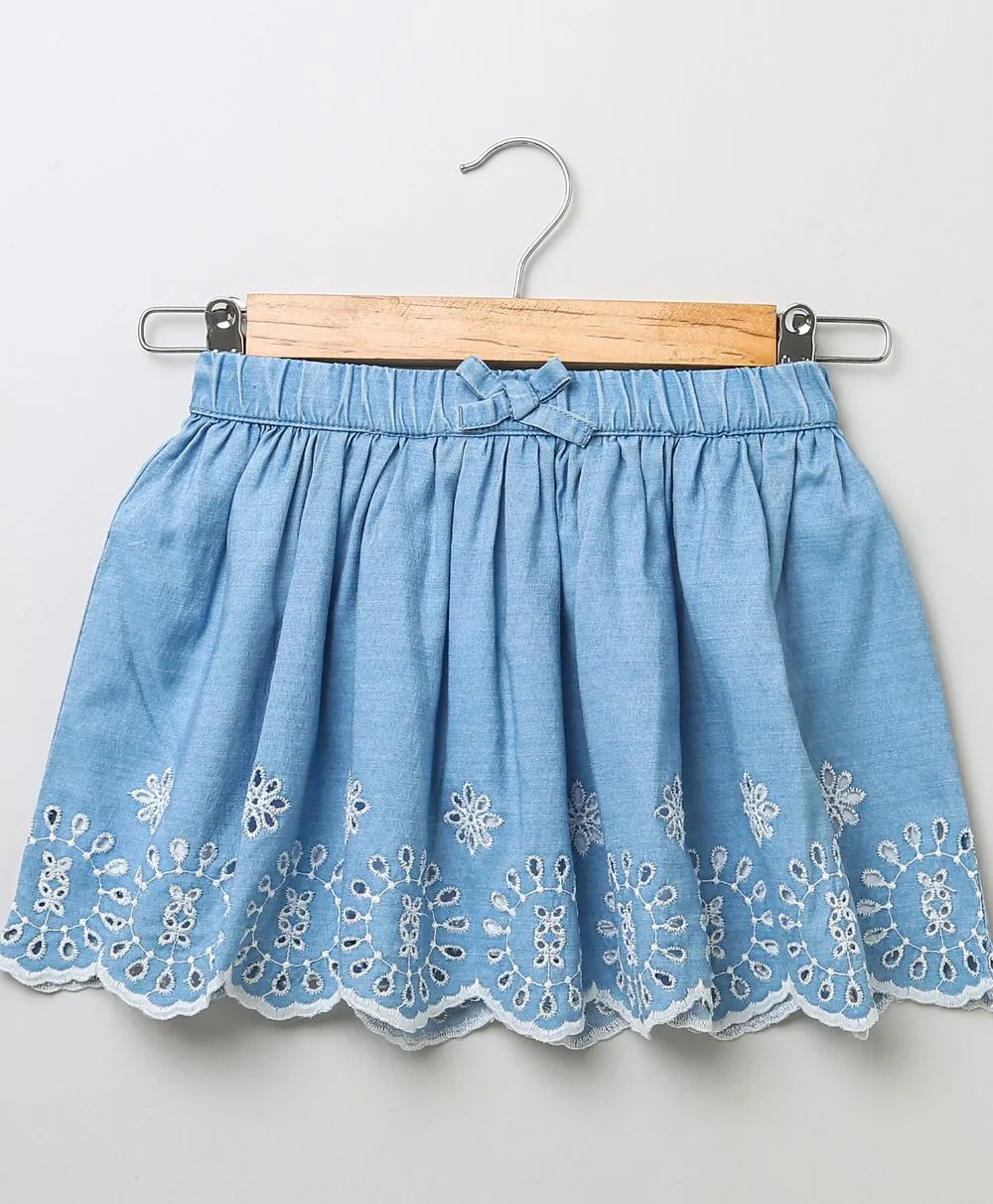 Sweetlime By As Schiffly Embroidery Cotton Denim Skirt- Blue