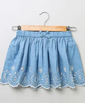 Sweetlime By As Schiffly Embroidery Cotton Denim Skirt- Blue