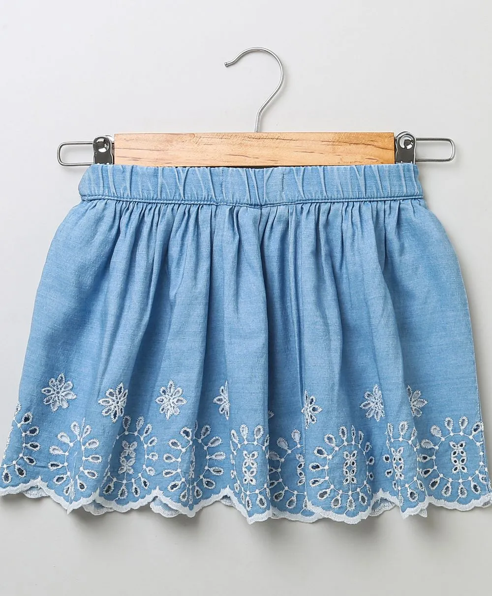 Sweetlime By As Schiffly Embroidery Cotton Denim Skirt- Blue