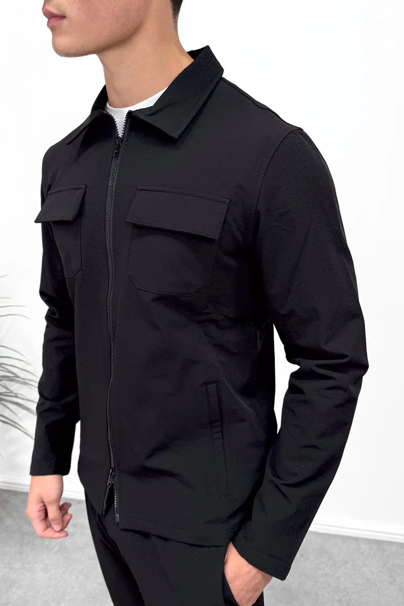 Tailored Cargo Zip-Up Overshirt - Black