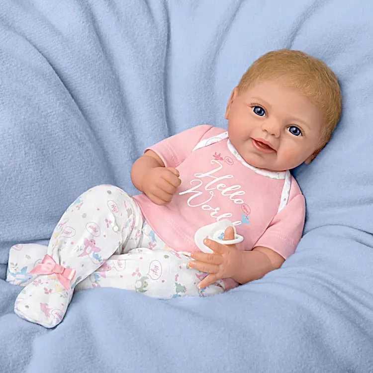 The Ashton - Drake Galleries Hello World So Truly Real® Newborn Lifelike Baby Girl Doll Weighted Fully Poseable with Soft RealTouch® Vinyl Skin by renowned Master Doll Artist Violet Parker 17-inches