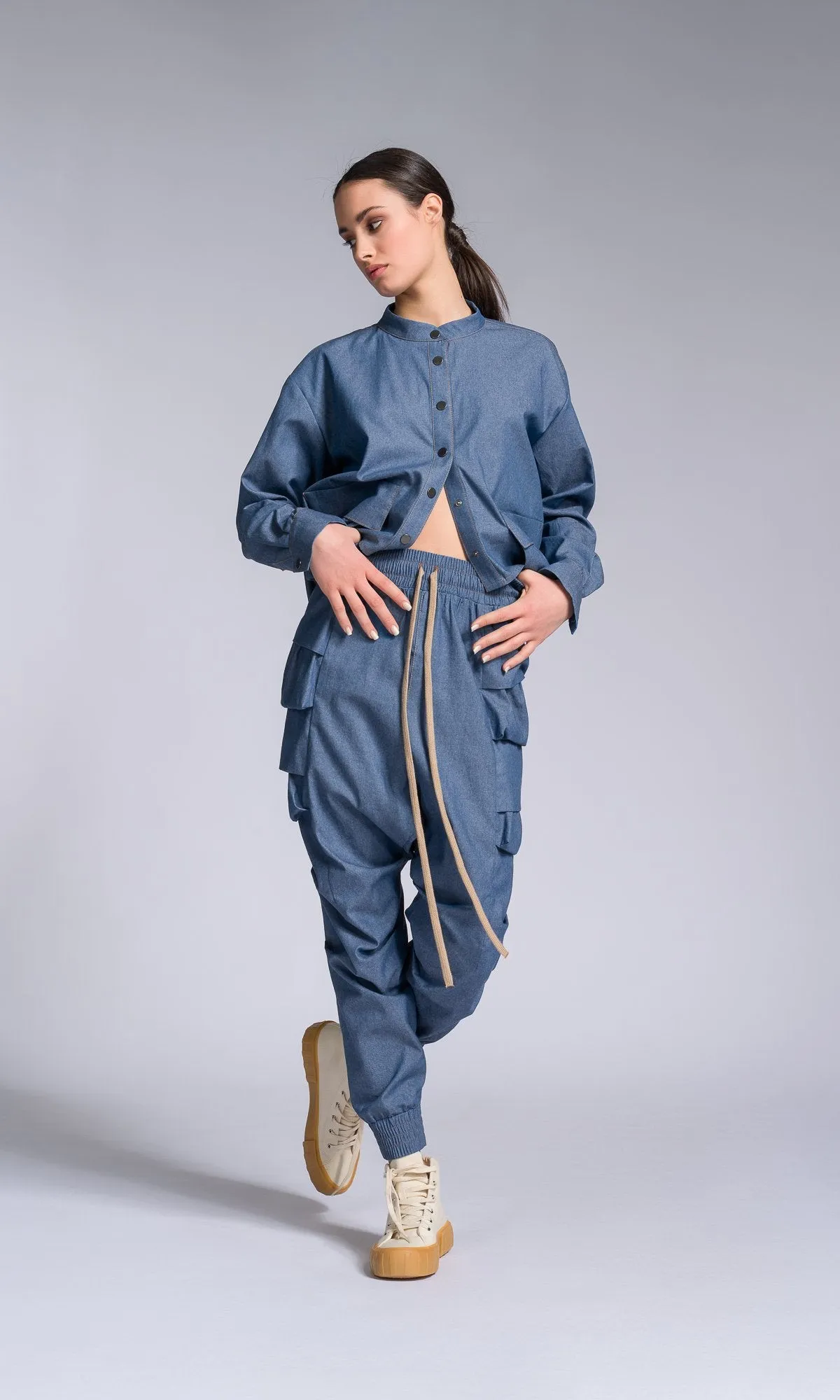 Two-piece Set of Chambray Pants and Shirt with Layered Cargo Pockets