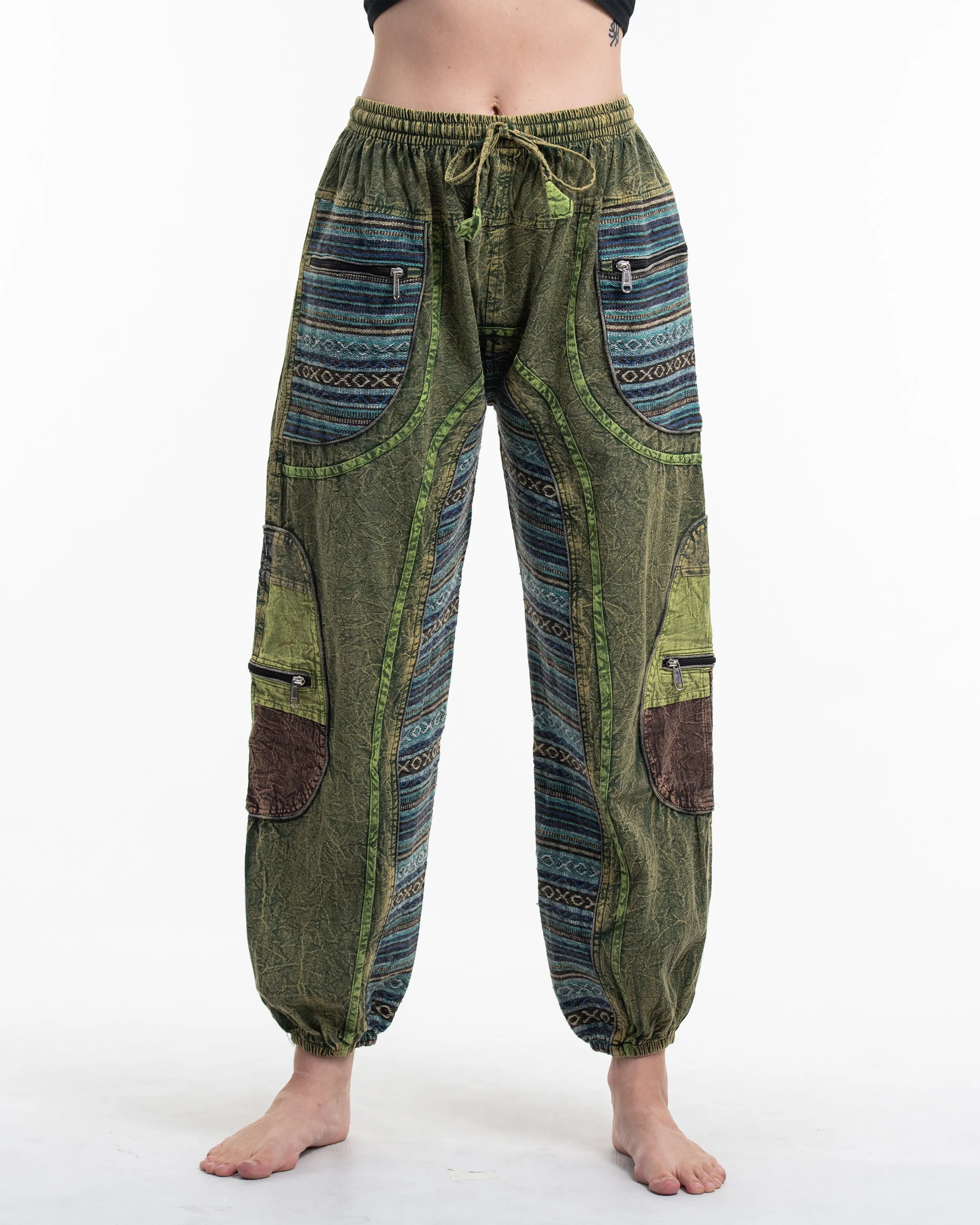 Unisex Patchwork Stone Washed Cargo Cotton Pants in Green 06