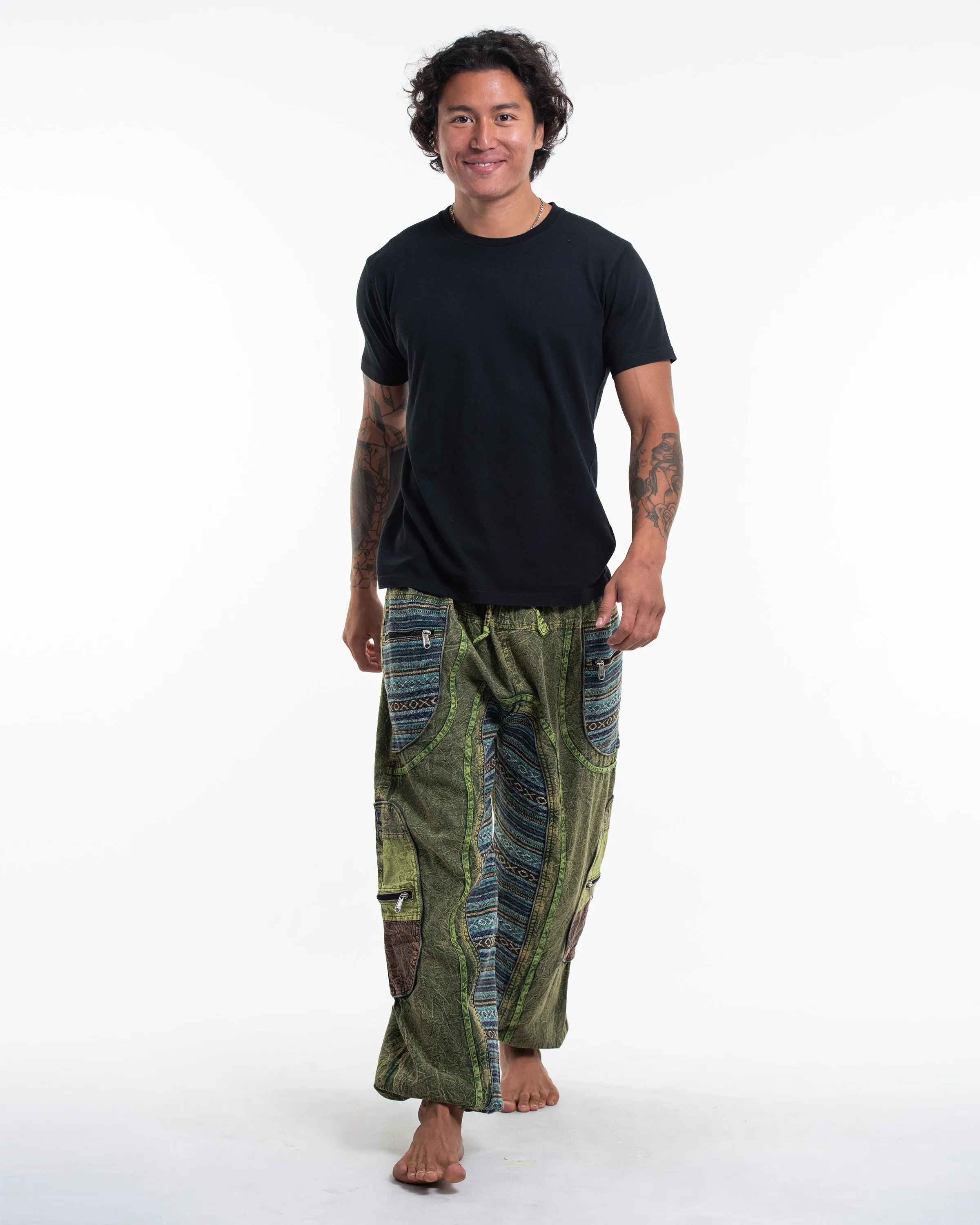 Unisex Patchwork Stone Washed Cargo Cotton Pants in Green 06