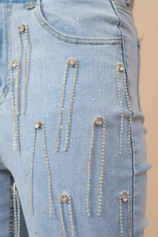 Washed Rhinestone Studded Dangle Fringe Mid Jeans