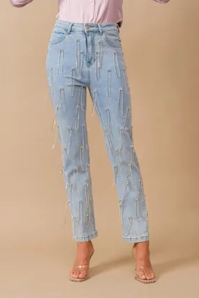 Washed Rhinestone Studded Dangle Fringe Mid Jeans