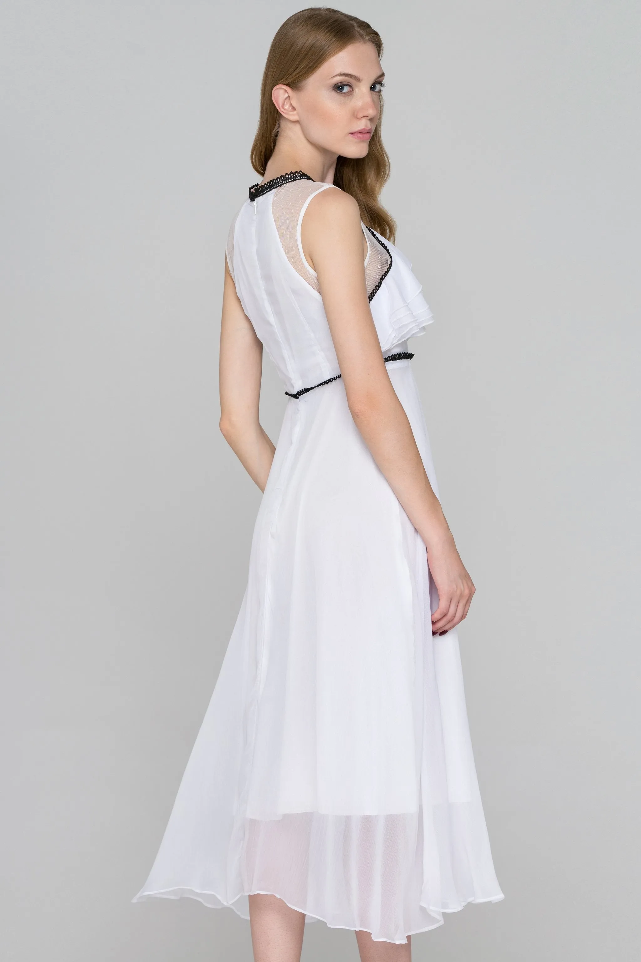 White and Black Trim Sheer Chiffon midi Dress