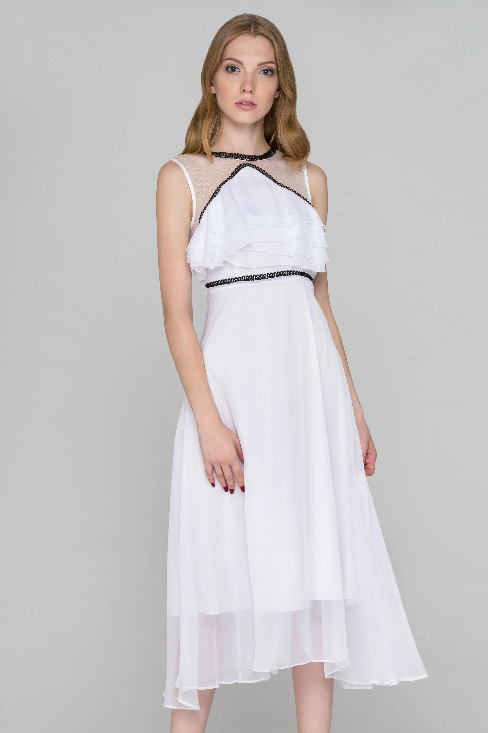 White and Black Trim Sheer Chiffon midi Dress