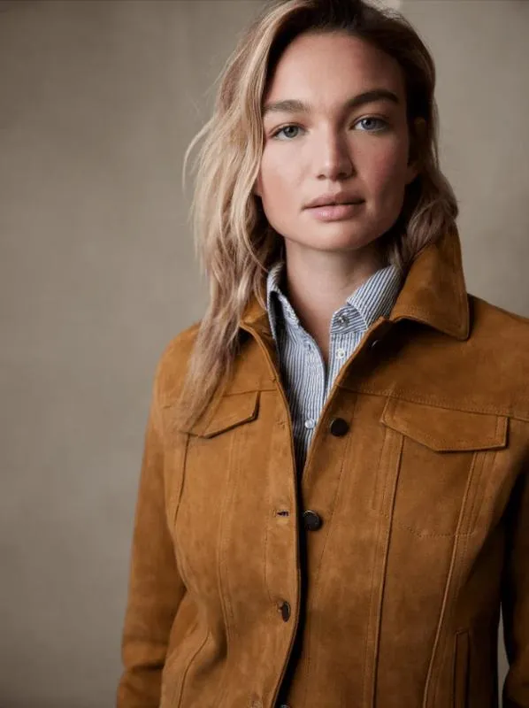 Women's Brown Suede Trucker Leather Jacket