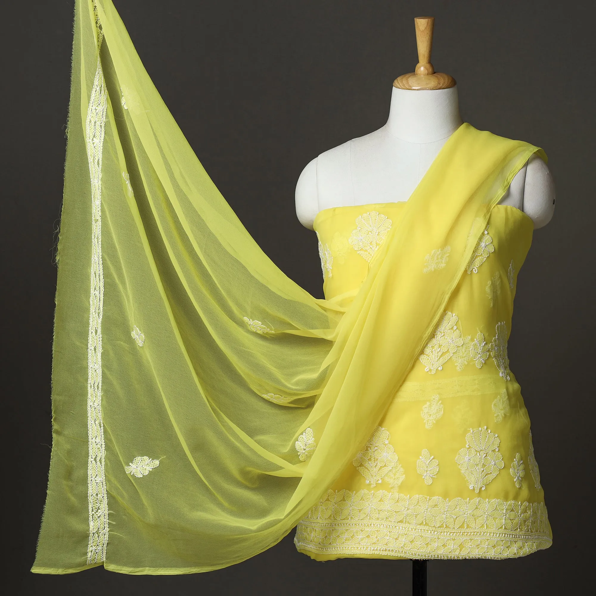 Yellow - 3pc Lucknow Chikankari Hand Embroidery Georgette Suit Material Set 39