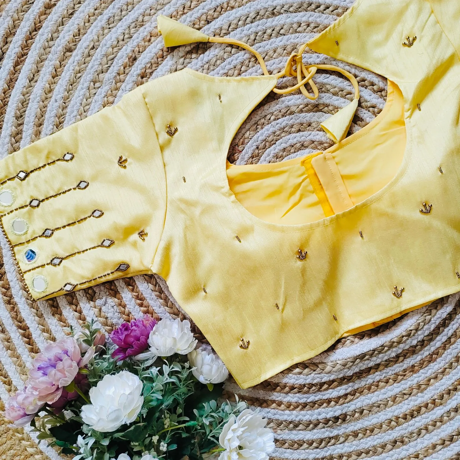 Yellow Russian Silk Blouse with Mirror and Pearl Embellishments