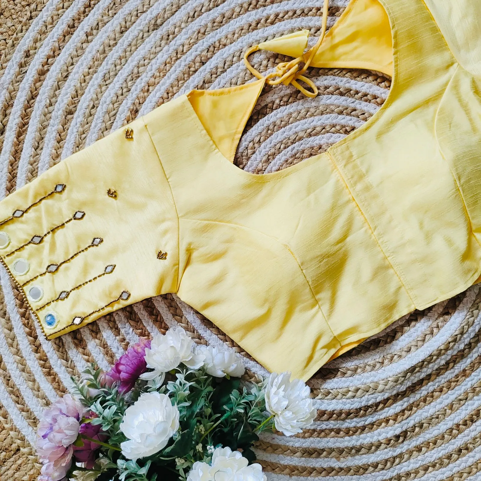 Yellow Russian Silk Blouse with Mirror and Pearl Embellishments